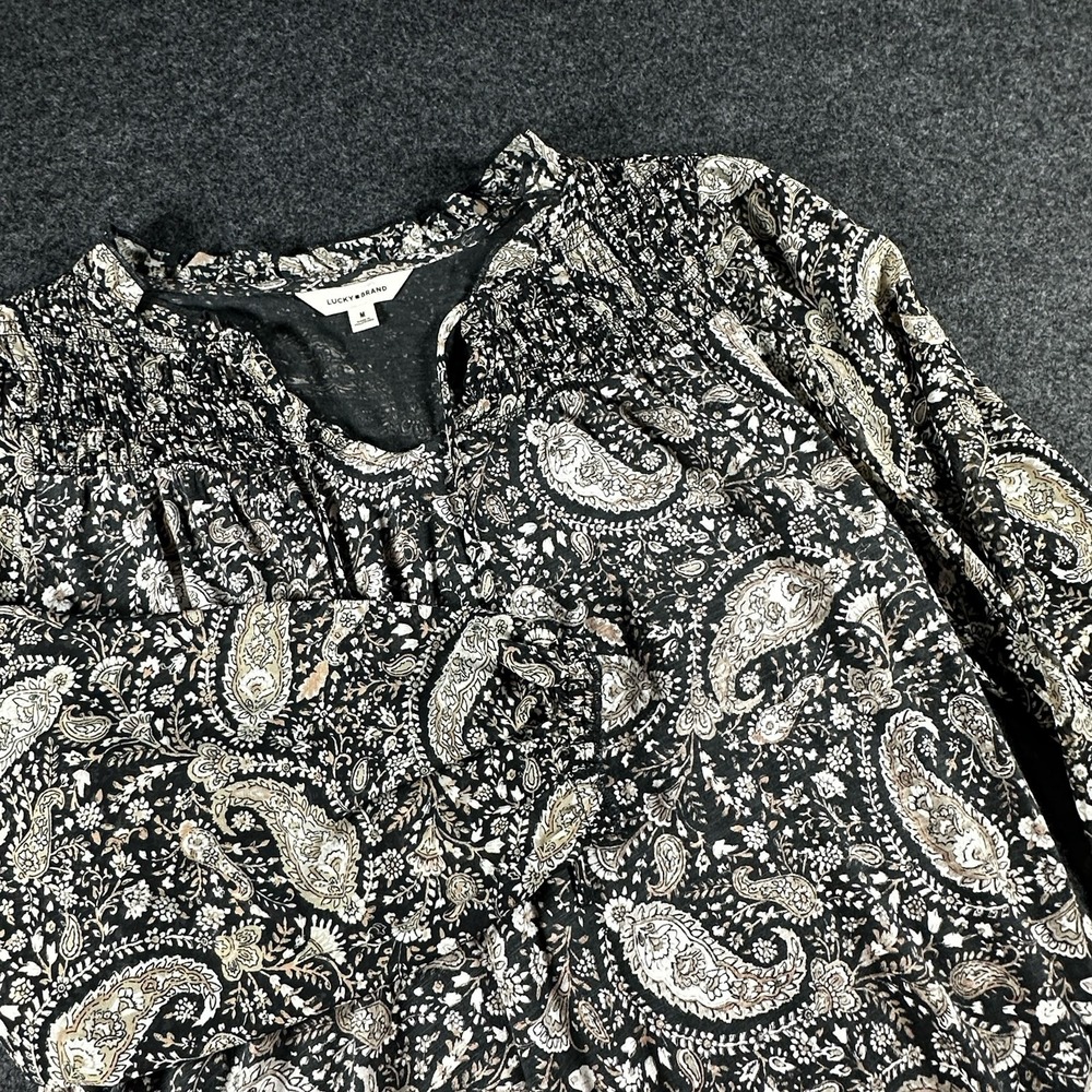 Lucky Brand Shirt Womens Med Black Paisley Long Sleeve Lightweight Boho
